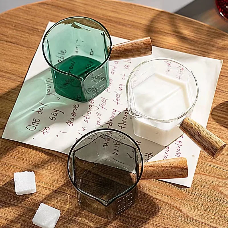 120ml Hexagon Wood Handle Glass Espresso Measuring Cup Milk Latte Jug Coffee Supplies Kitchen Mug Drinkware Double Bottom