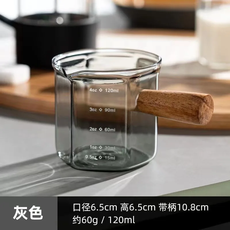 120ml Hexagon Wood Handle Glass Espresso Measuring Cup Milk Latte Jug Coffee Supplies Kitchen Mug Drinkware Double Bottom