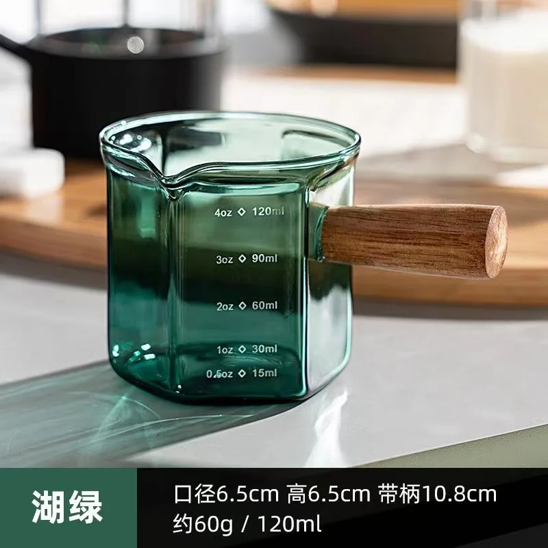 120ml Hexagon Wood Handle Glass Espresso Measuring Cup Milk Latte Jug Coffee Supplies Kitchen Mug Drinkware Double Bottom