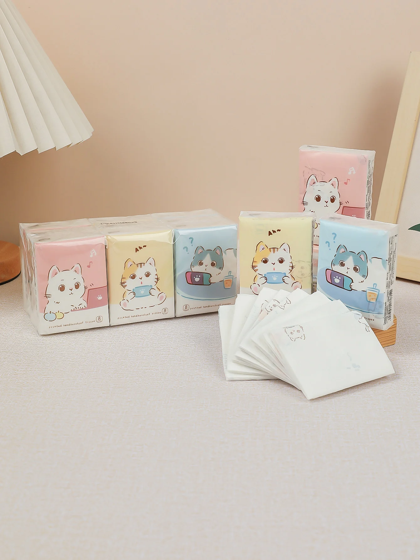 9pcs/pack Fashionable Lucky Cat Handkerchief Paper Student Portable Small Pack Cartoon Printed Hand Tissue For Daily Cleaning