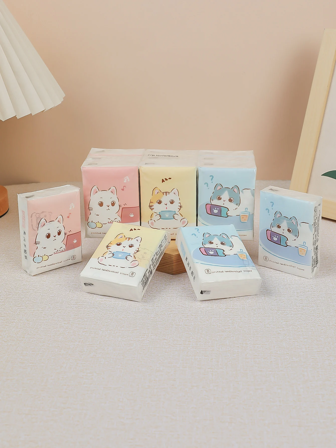9pcs/pack Fashionable Lucky Cat Handkerchief Paper Student Portable Small Pack Cartoon Printed Hand Tissue For Daily Cleaning