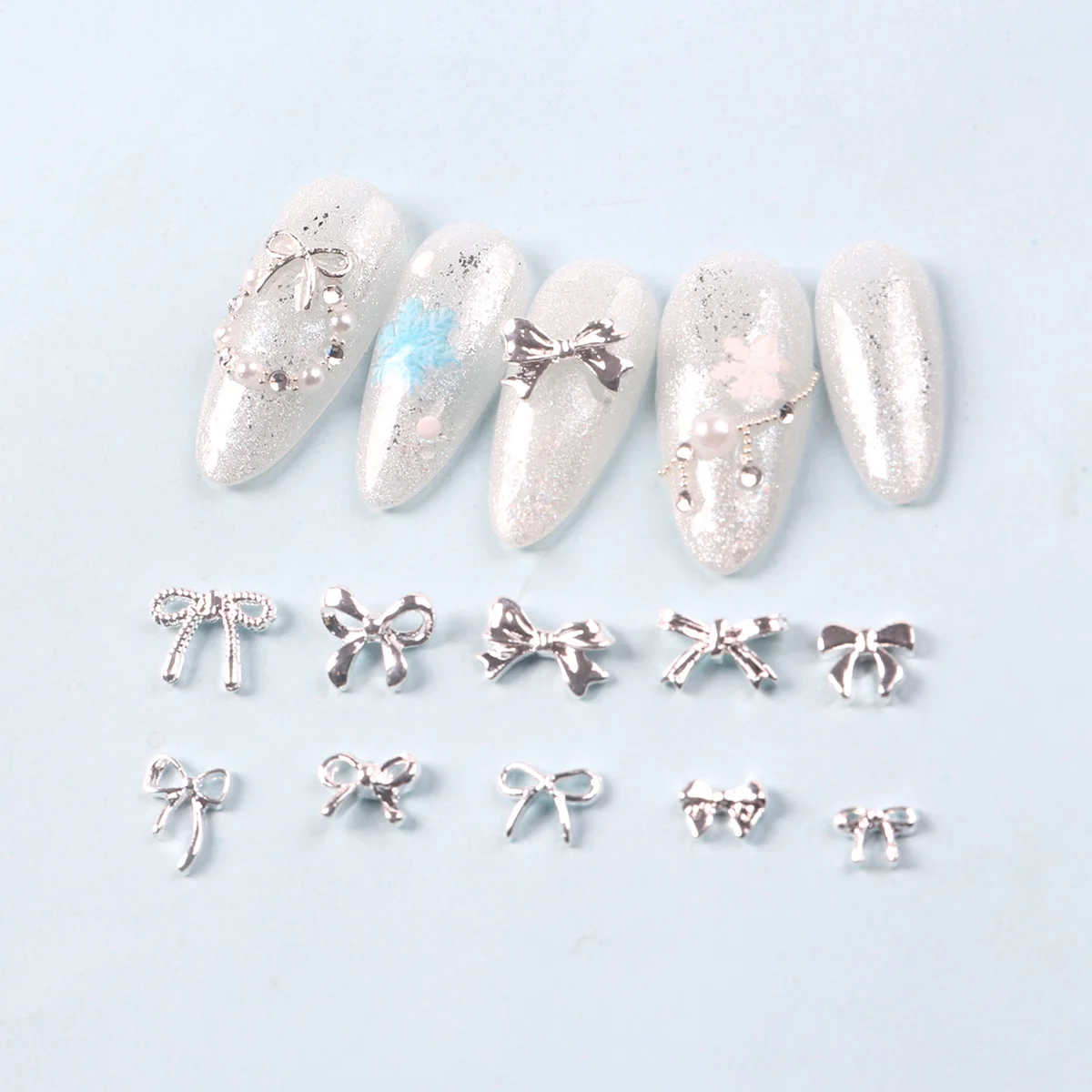 TSZS Silver 3D Bow Nail Art Charm Alloy Metal Cute Mini Mix Shape Bow Ribbon Nails Decoration DIY Nail Accessories