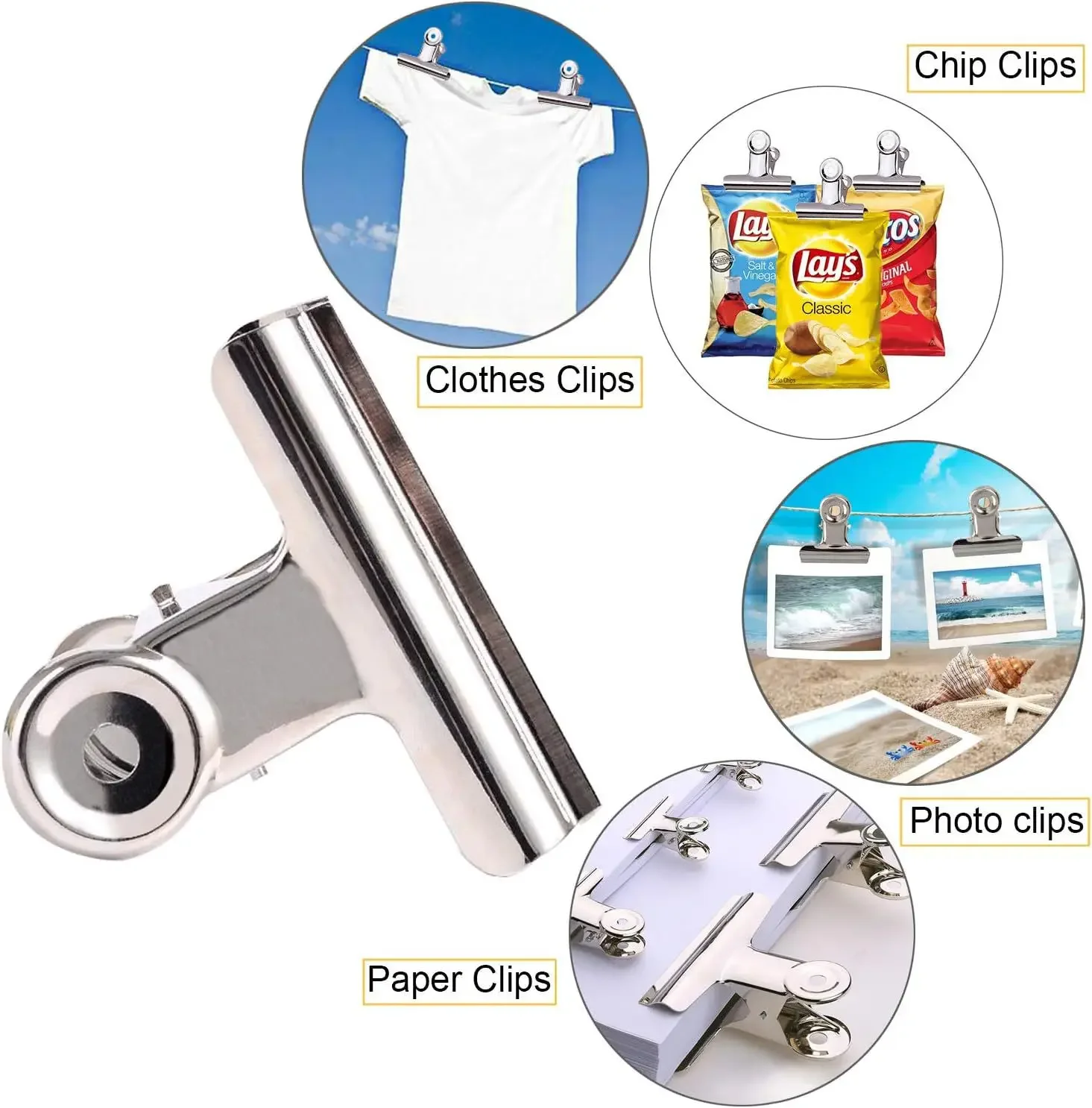 6Pcs Bulldog Clips Chip Clips Food Clip Multi-functional Metal Hinge Clamp Binder Paper Clips for Food Bag Kitchen Home Office