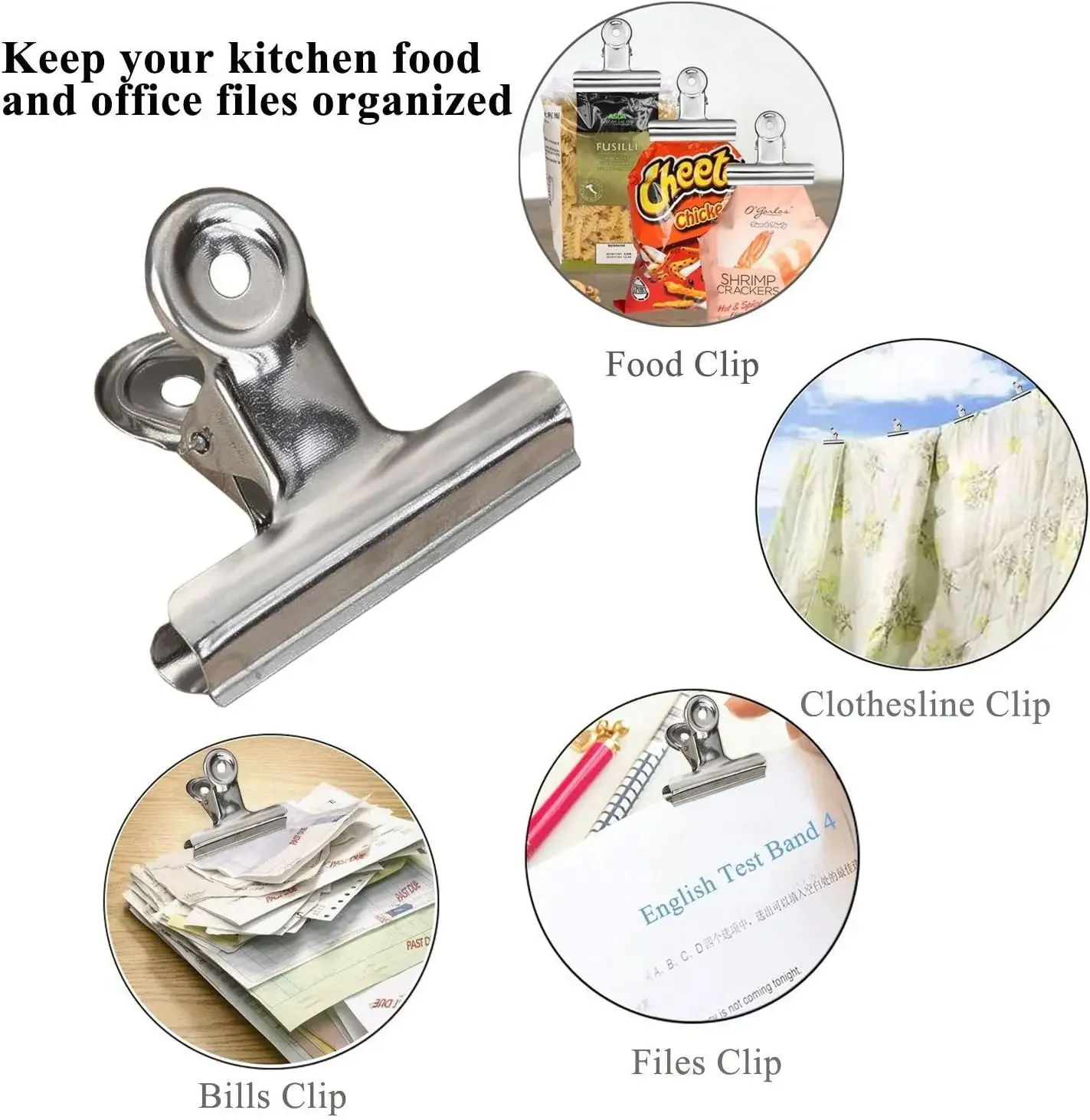 6Pcs Bulldog Clips Chip Clips Food Clip Multi-functional Metal Hinge Clamp Binder Paper Clips for Food Bag Kitchen Home Office