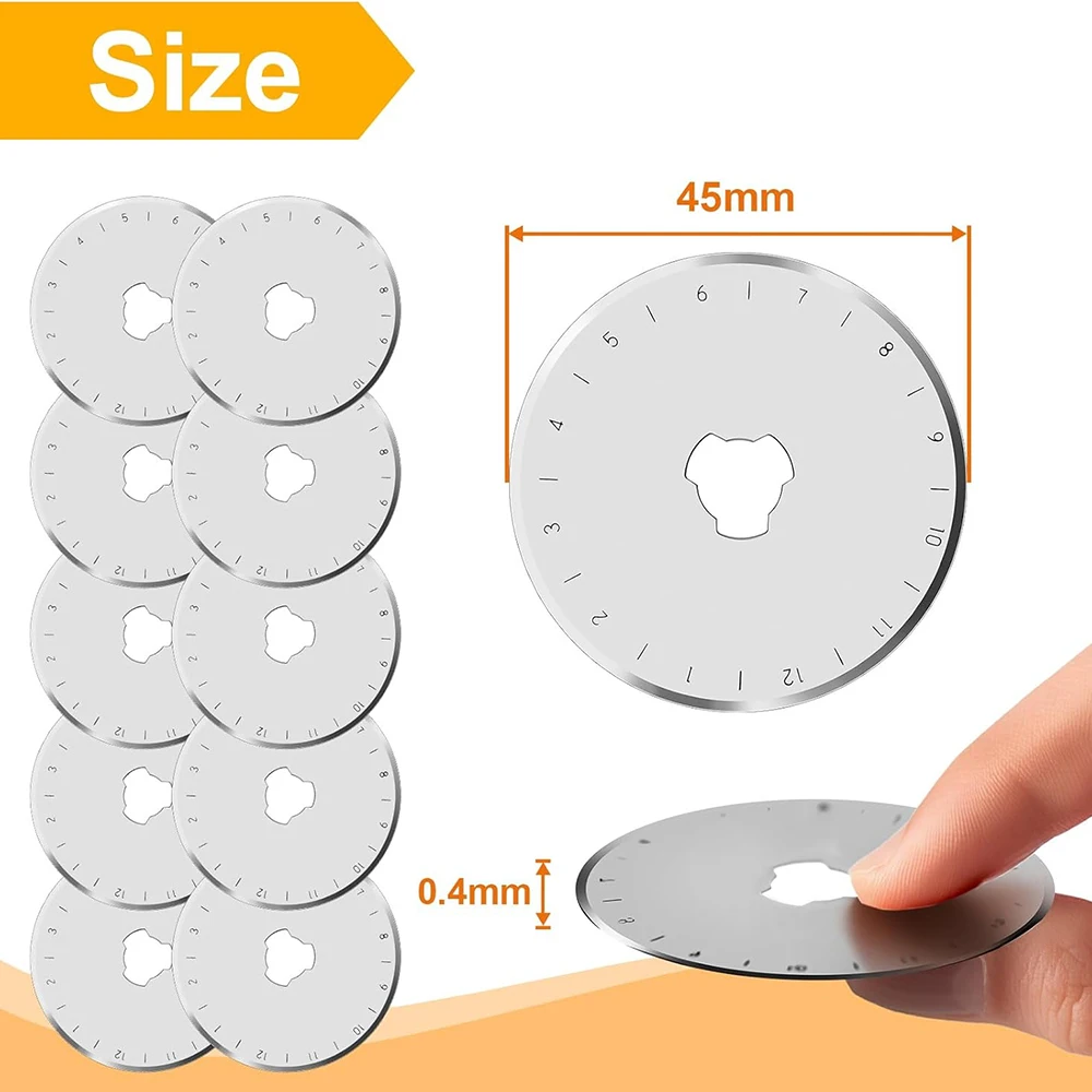 10PCS 45mm Rotary Cutter Blades Sharp and Durable Blades with Clear Scale for Quilting Sewing Crafting and Fabric Leather Cut