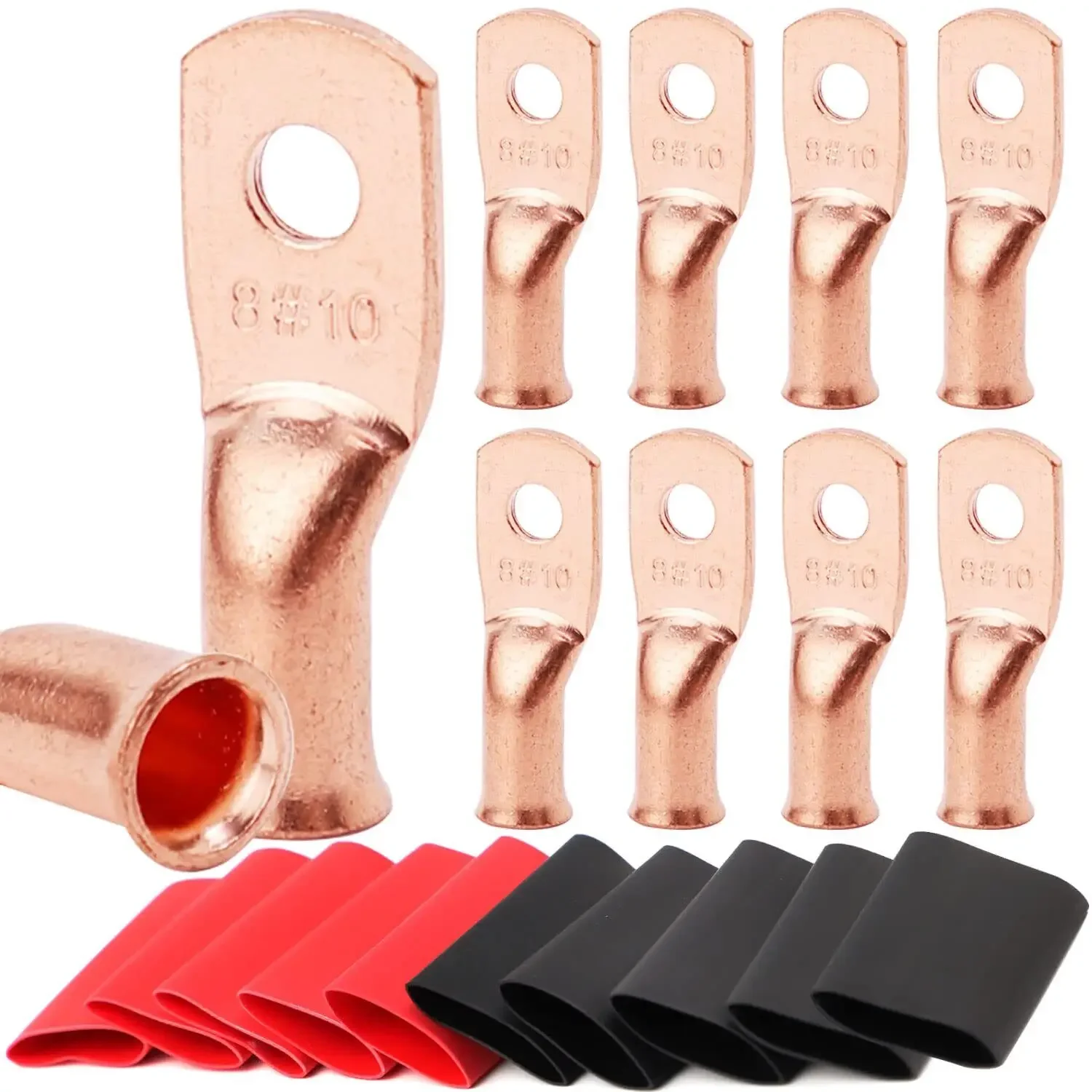 20pcs Copper Terminal Connectors, AWG 8 M5-M10 Ring Lug Kit With Shrink Tubing 10 Battery Cable Lugs, With 10 Shrink Tubing