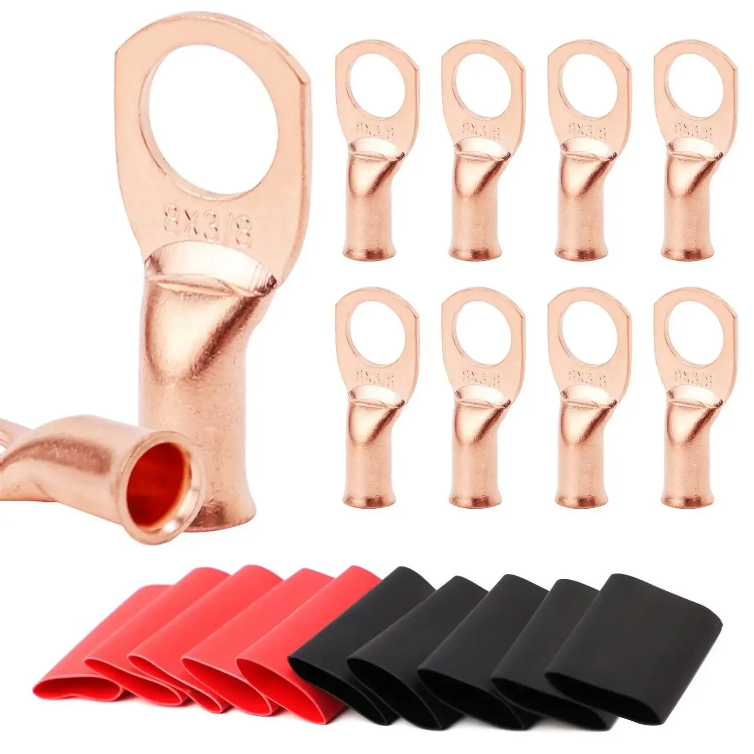 20pcs Copper Terminal Connectors, AWG 8 M5-M10 Ring Lug Kit With Shrink Tubing 10 Battery Cable Lugs, With 10 Shrink Tubing