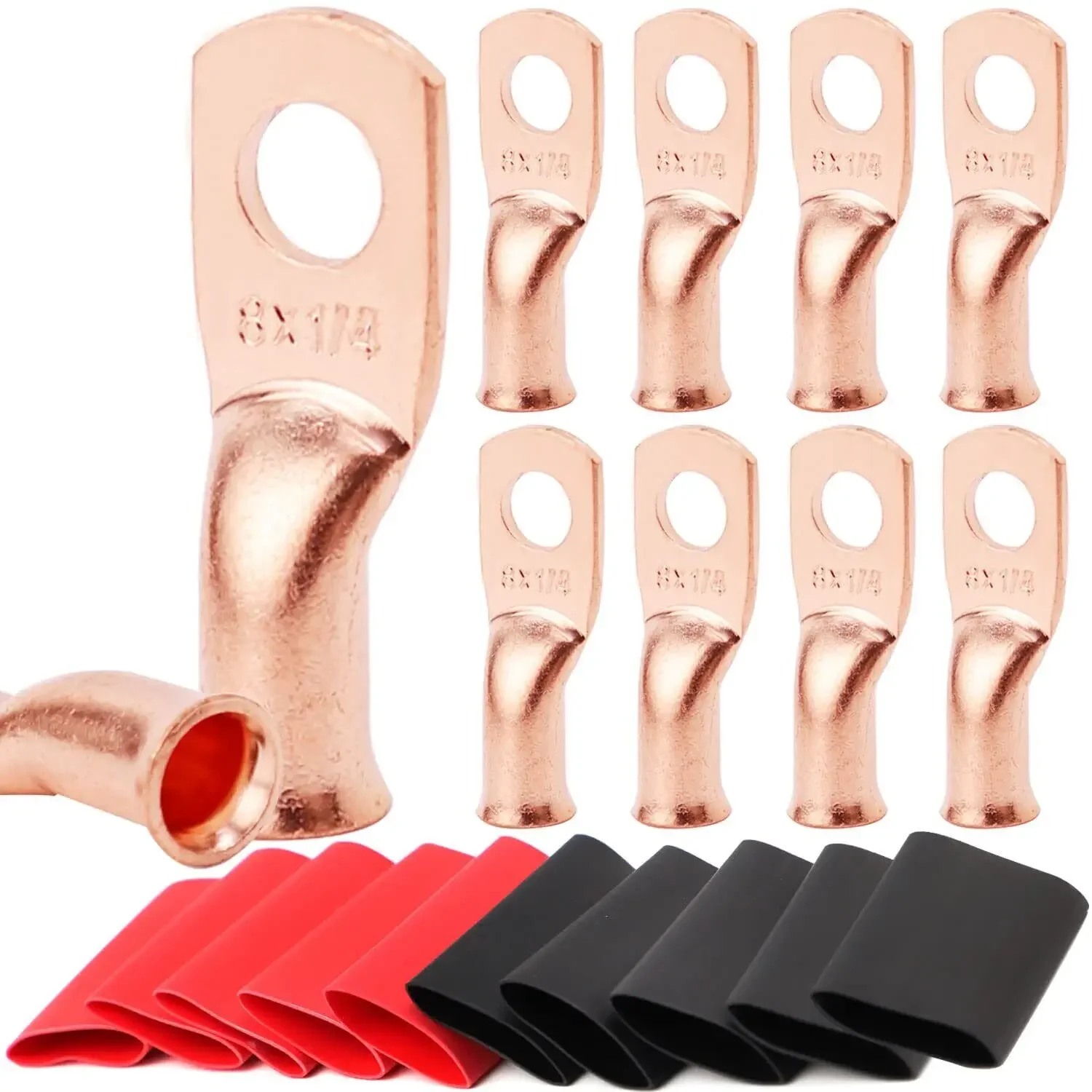 20pcs Copper Terminal Connectors, AWG 8 M5-M10 Ring Lug Kit With Shrink Tubing 10 Battery Cable Lugs, With 10 Shrink Tubing