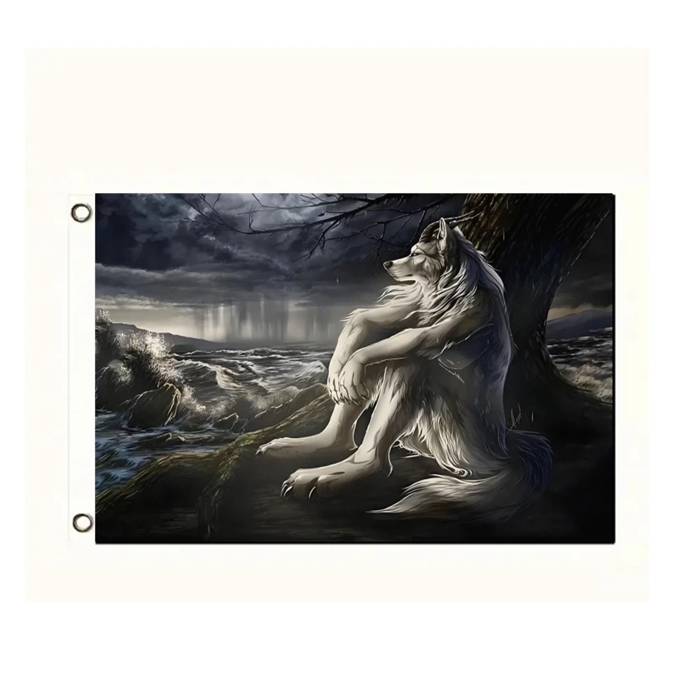Emo White Wolf Sitting Meme Flag 3x5ft - Gothic Werewolf Flag Wall Hanging for Bedroom Living Room Decor Printed Polyester