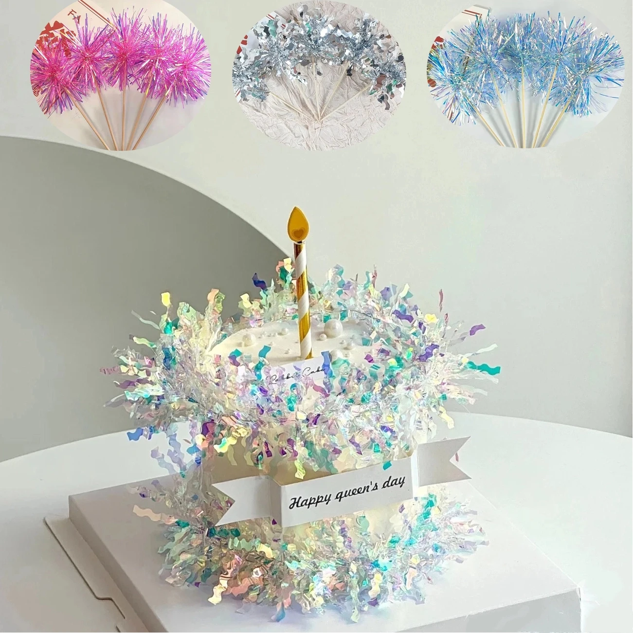 5/20Pcs Birthday Glitter Cake Topper Colorful Fireworks Tassels Cupcake Topper Wedding Baby Shower Baking Dessert Cake Decor