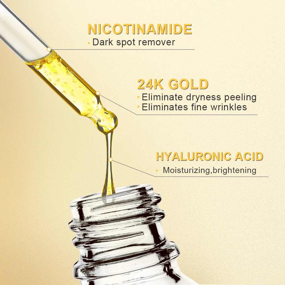 Niacinamide Face Serum 24K Gold Hyaluronic Acid Essence Whitening Dark Spot Corrector Facial Serum Skin Care Products