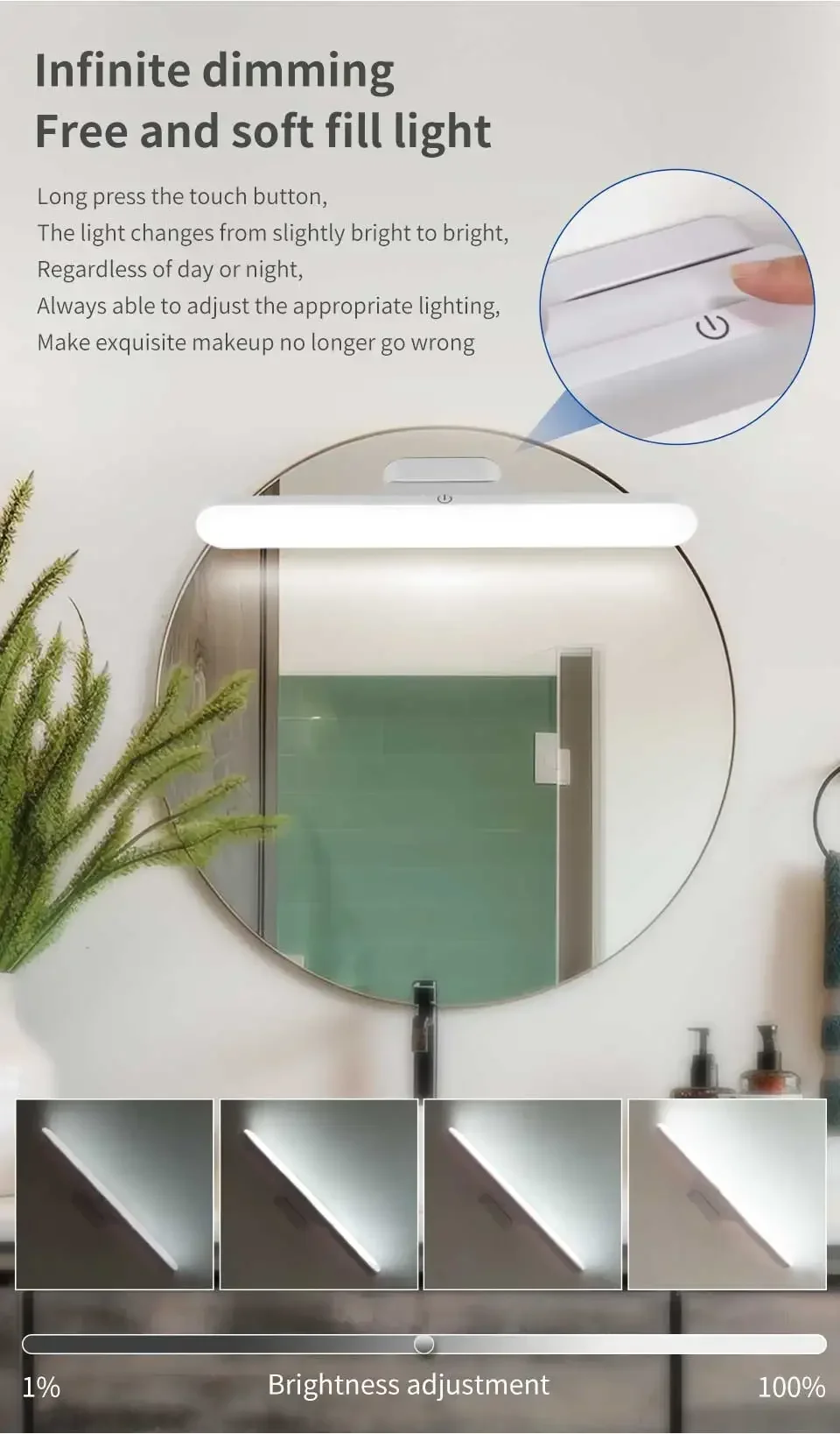 LED Makeup Light Rechargeable Magnetic Eye Protection Mirror Lamp Touch Wall Lights 30CM For Selfie Wardrobe Bathroom Lighting