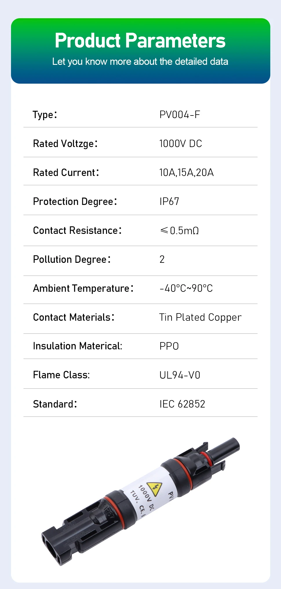 1000V DC 10A 15A 20A Solar Panel Photovoltaic Fuse Connectors For Industrial And Commercial Solar Power Generation