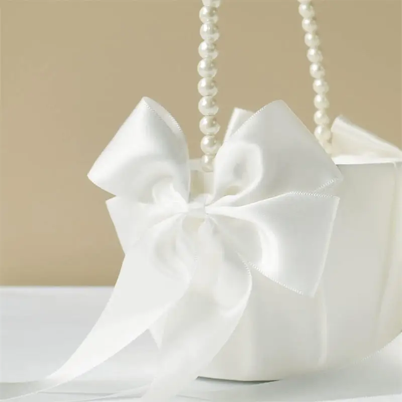 White Girls Flower Basket Silk Wedding Basket Flower Bride Girls Kids Hand Held Wedding Party Wedding Bridal Flower Basket