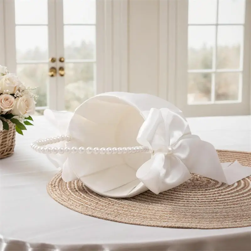 White Girls Flower Basket Silk Wedding Basket Flower Bride Girls Kids Hand Held Wedding Party Wedding Bridal Flower Basket