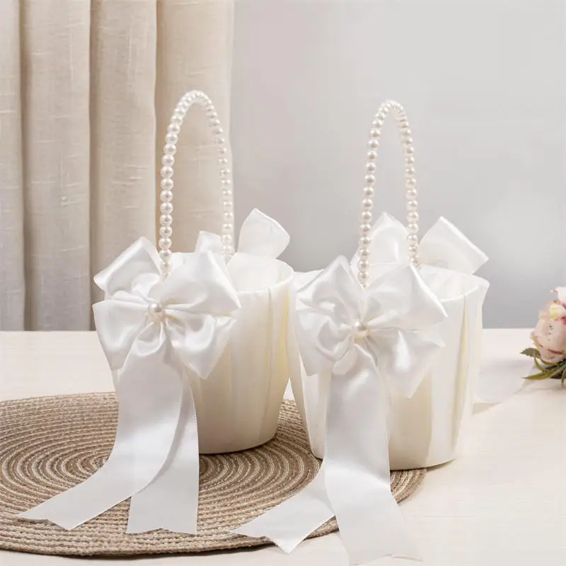 White Girls Flower Basket Silk Wedding Basket Flower Bride Girls Kids Hand Held Wedding Party Wedding Bridal Flower Basket