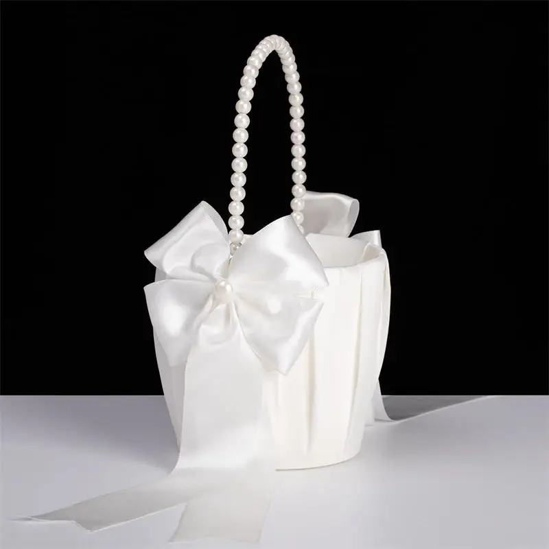 White Girls Flower Basket Silk Wedding Basket Flower Bride Girls Kids Hand Held Wedding Party Wedding Bridal Flower Basket