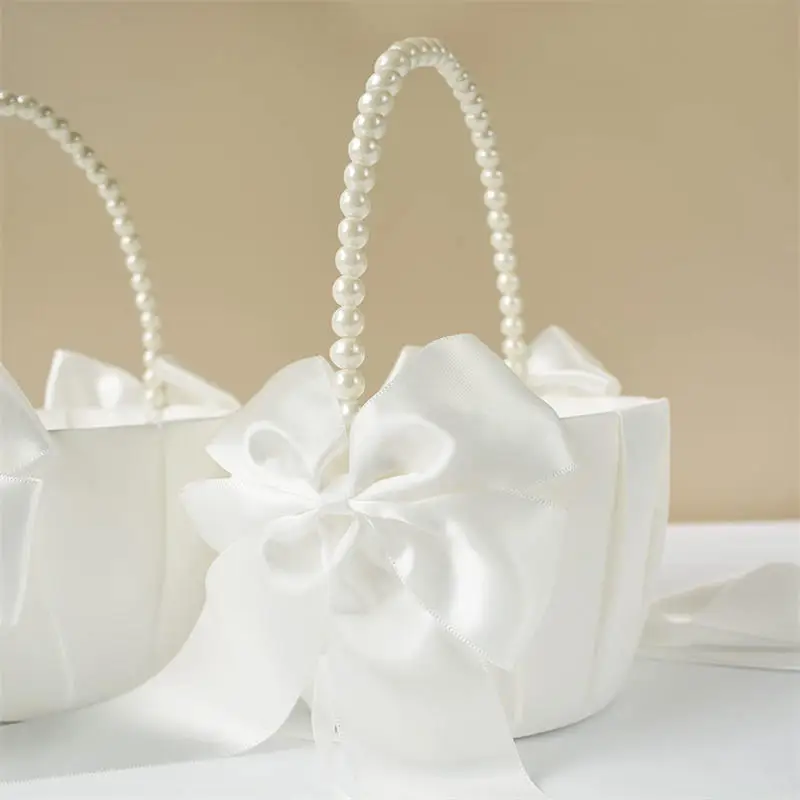 White Girls Flower Basket Silk Wedding Basket Flower Bride Girls Kids Hand Held Wedding Party Wedding Bridal Flower Basket