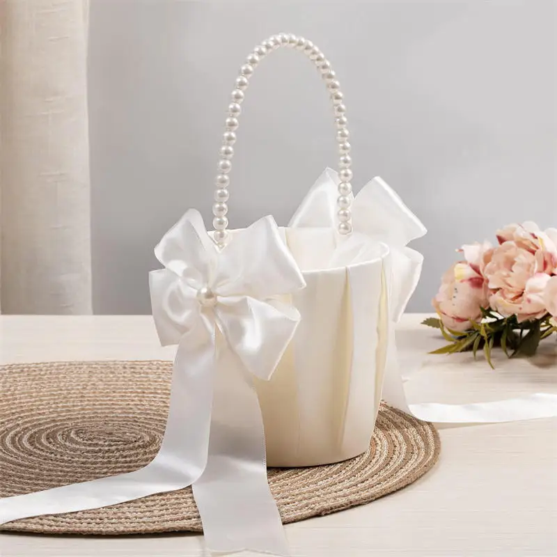 White Girls Flower Basket Silk Wedding Basket Flower Bride Girls Kids Hand Held Wedding Party Wedding Bridal Flower Basket