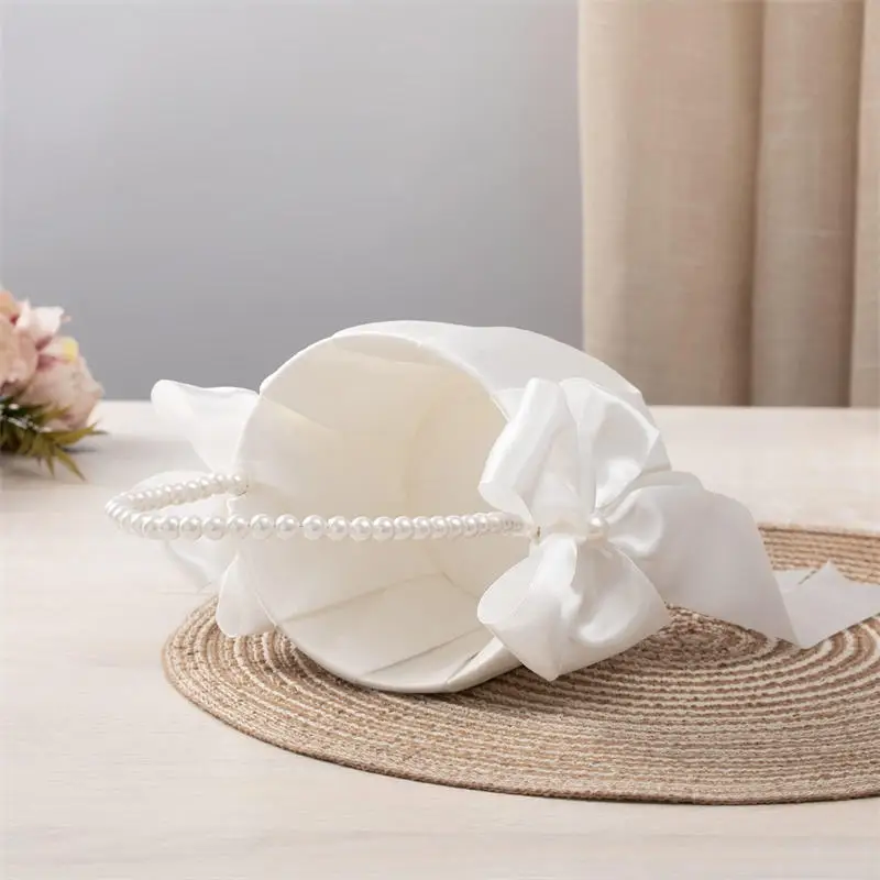 White Girls Flower Basket Silk Wedding Basket Flower Bride Girls Kids Hand Held Wedding Party Wedding Bridal Flower Basket
