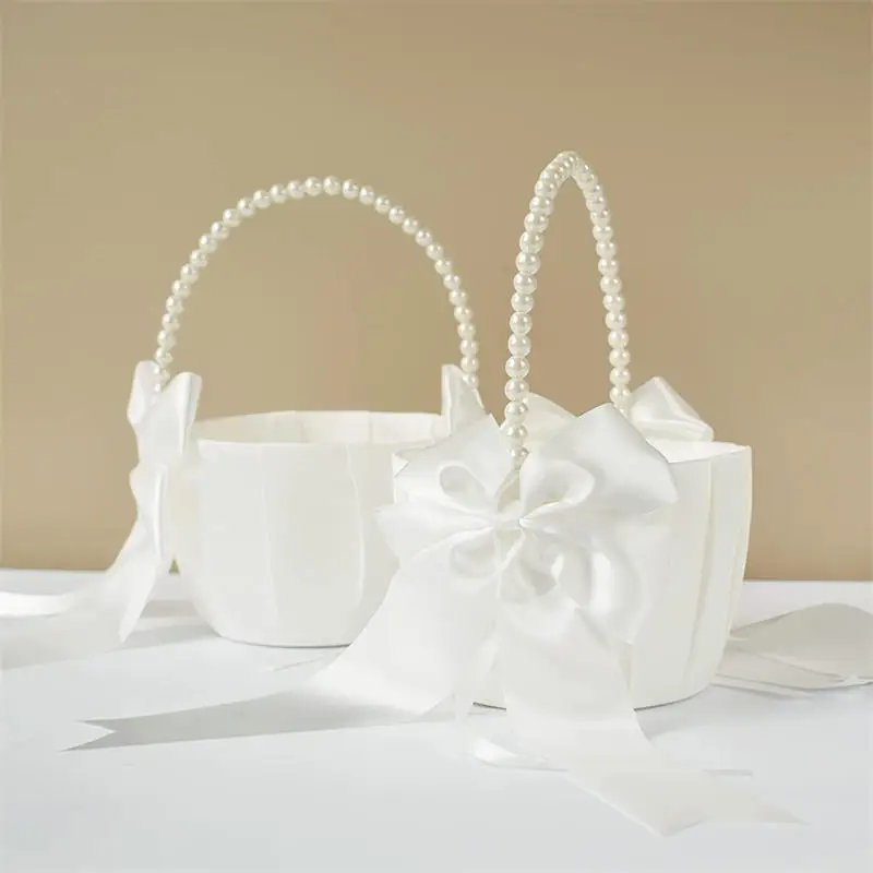 White Girls Flower Basket Silk Wedding Basket Flower Bride Girls Kids Hand Held Wedding Party Wedding Bridal Flower Basket