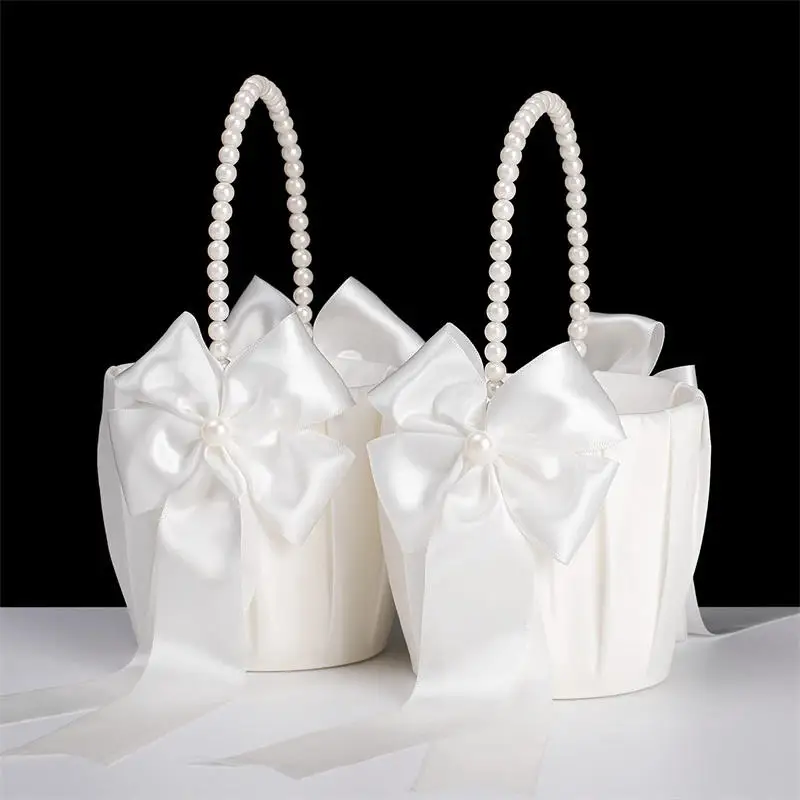 White Girls Flower Basket Silk Wedding Basket Flower Bride Girls Kids Hand Held Wedding Party Wedding Bridal Flower Basket