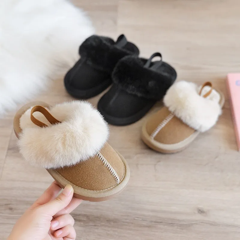 Children Cotton Shoes Britain Style Kids Classic Slippers Solid Color Sewing Plush Warm Winter Boys Girls Fashion Slippers 2024