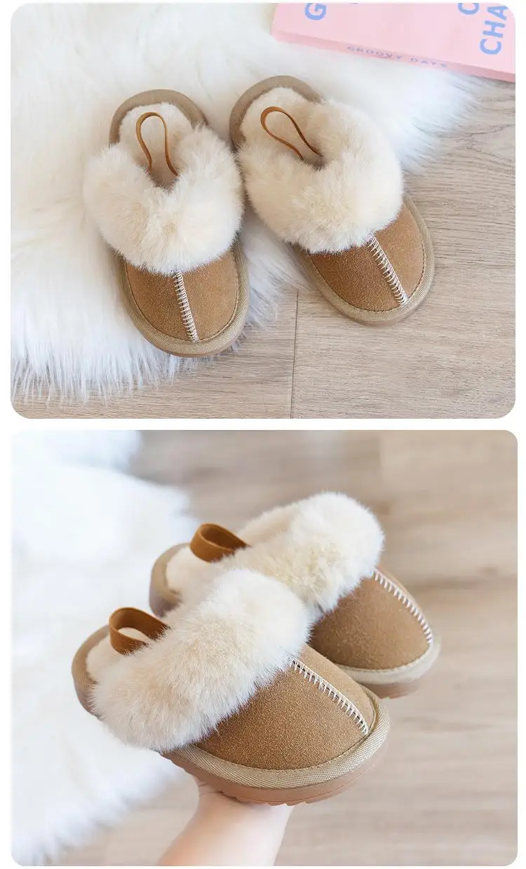Children Cotton Shoes Britain Style Kids Classic Slippers Solid Color Sewing Plush Warm Winter Boys Girls Fashion Slippers 2024