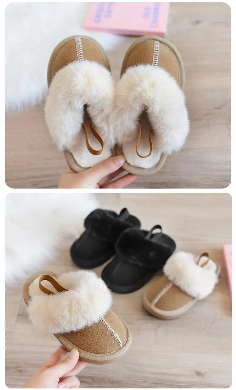 Children Cotton Shoes Britain Style Kids Classic Slippers Solid Color Sewing Plush Warm Winter Boys Girls Fashion Slippers 2024