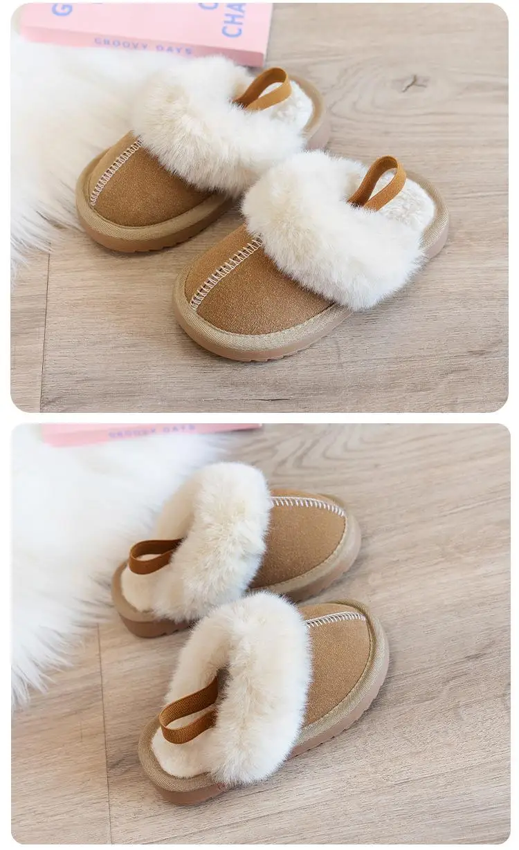Children Cotton Shoes Britain Style Kids Classic Slippers Solid Color Sewing Plush Warm Winter Boys Girls Fashion Slippers 2024