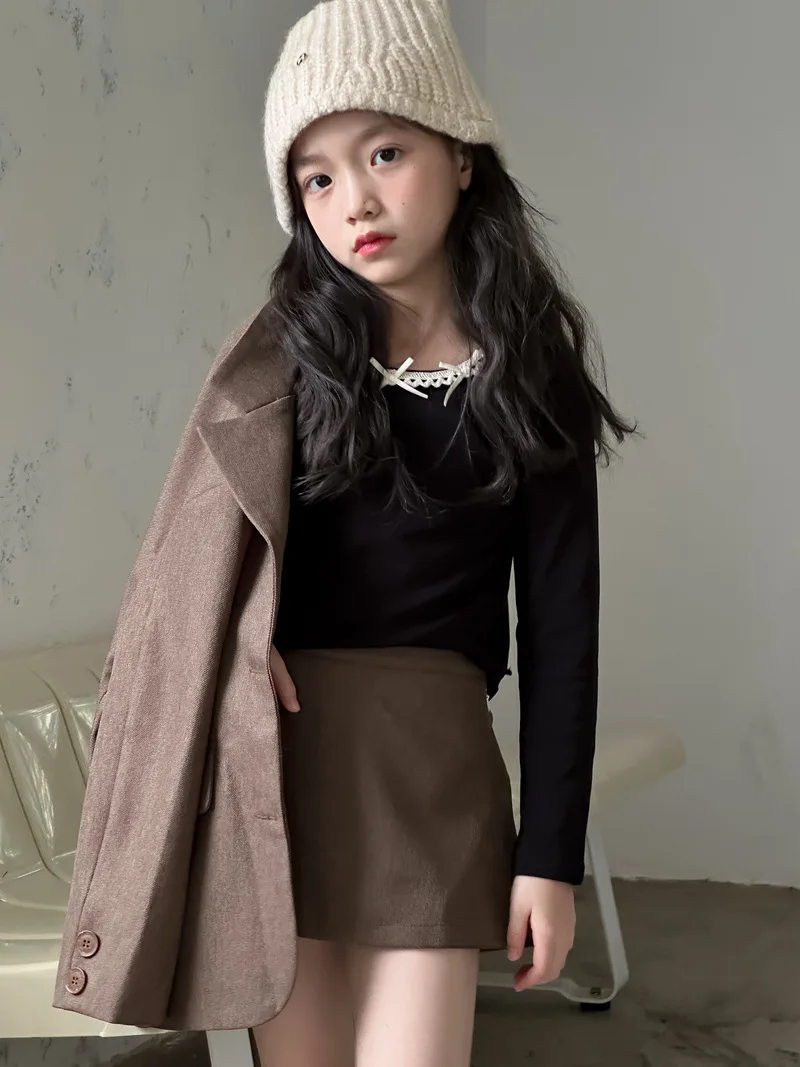 Suit skirt set for autumn 2024 loose suit jacket and skirt shorts for children and girls fashionable suit trendy kids clothes