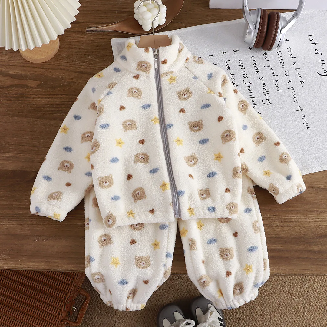 Autumn Winter Kids Thick Fleece Pajama Sets Korean Cartoon Toddler Girls Fashion Plush Warm Outfits 1-4Y Boys Home Wear Suit