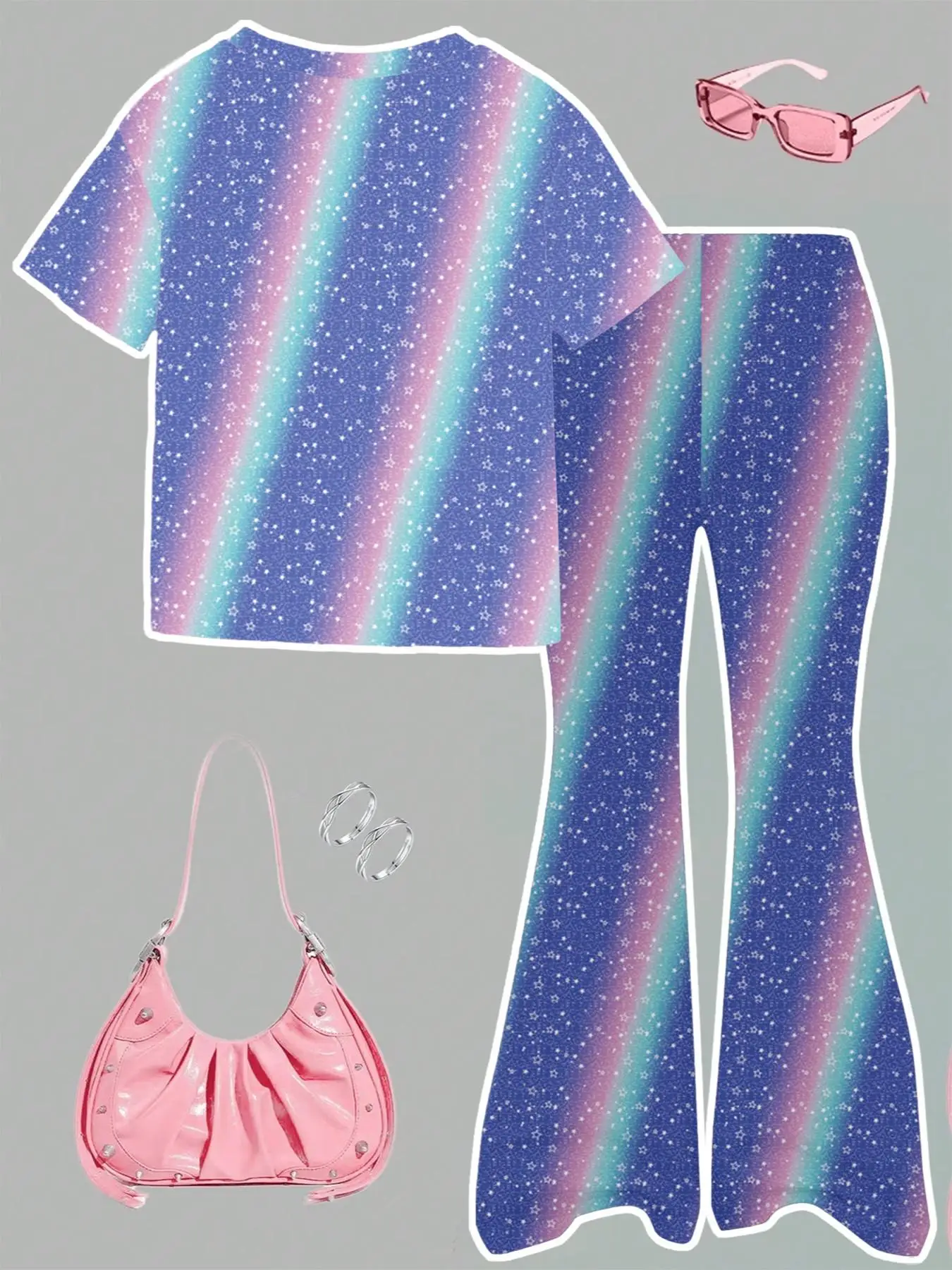 Girls 2-Piece K-Pop Outfit - Galaxy Print Character T-Shirt & Rainbow Star Flared Pants Set for Kids