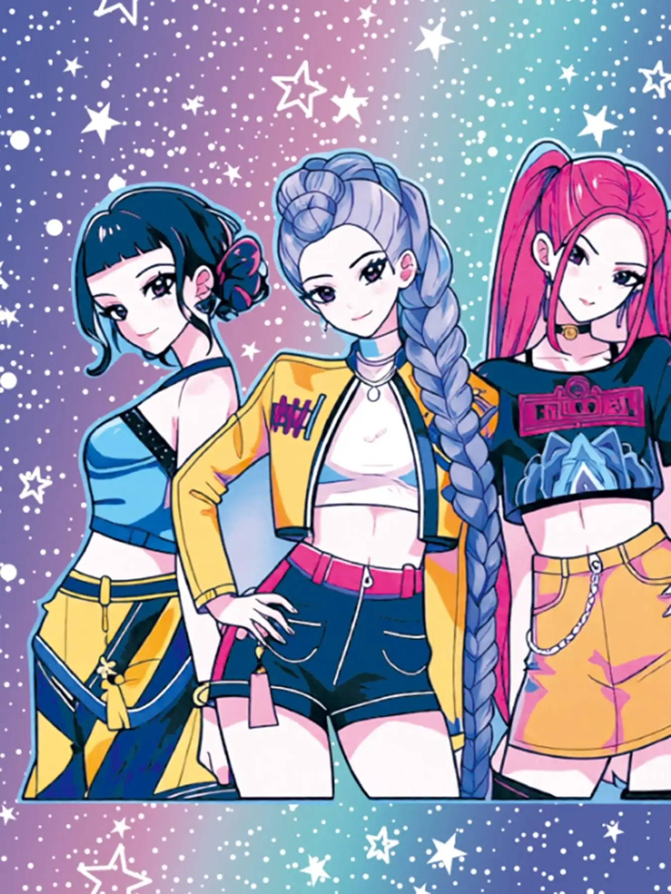 Girls 2-Piece K-Pop Outfit - Galaxy Print Character T-Shirt & Rainbow Star Flared Pants Set for Kids