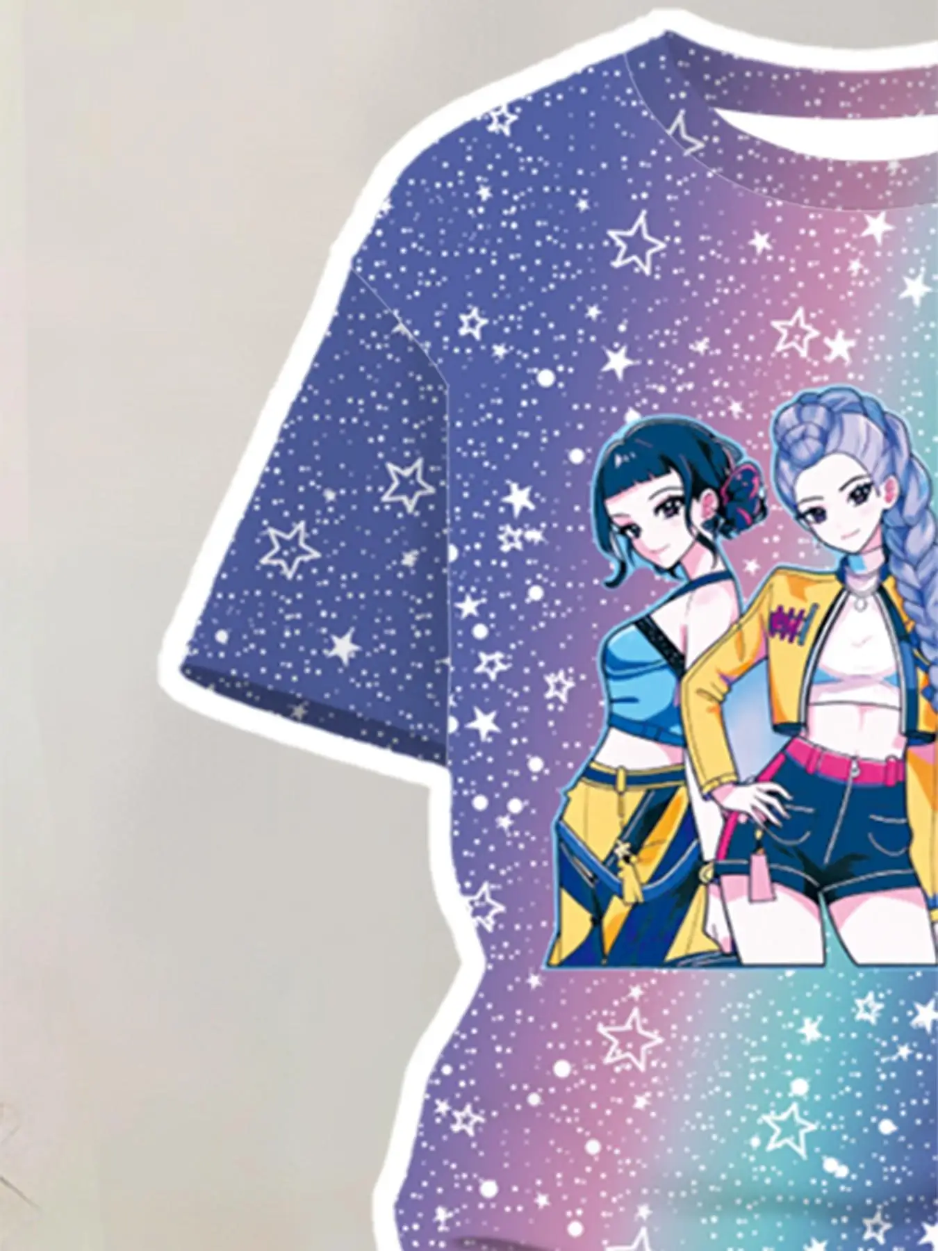 Girls 2-Piece K-Pop Outfit - Galaxy Print Character T-Shirt & Rainbow Star Flared Pants Set for Kids