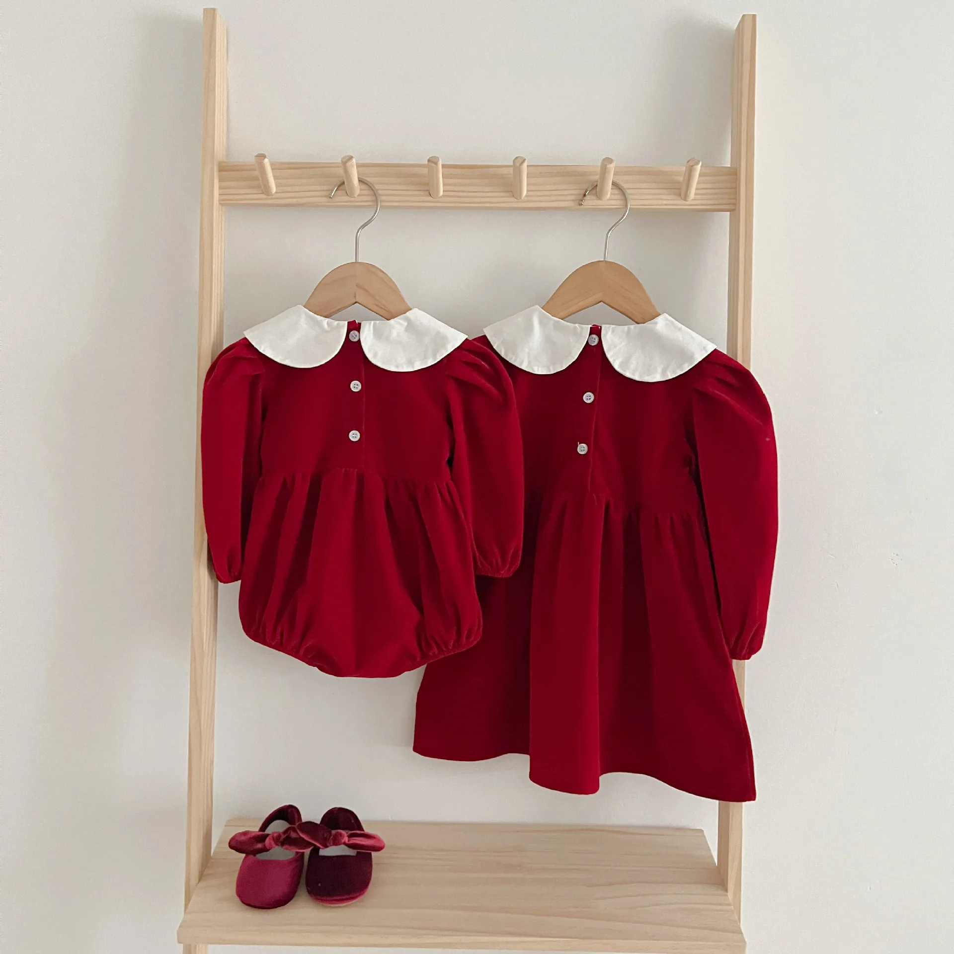 Infant Kids Baby Girls Long Sleeve Sweet Solid Color Sisters Dress Newborn Baby Girls Doll Collar Princess Clothes Rompers