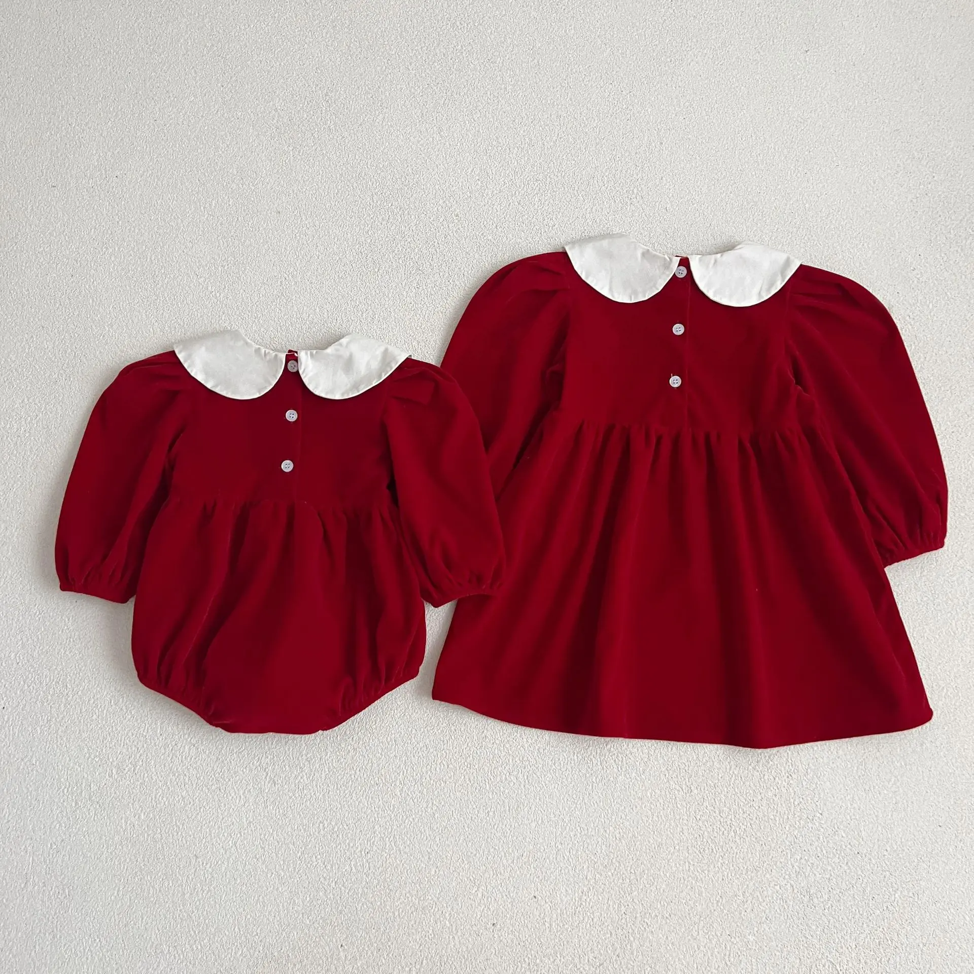 Infant Kids Baby Girls Long Sleeve Sweet Solid Color Sisters Dress Newborn Baby Girls Doll Collar Princess Clothes Rompers