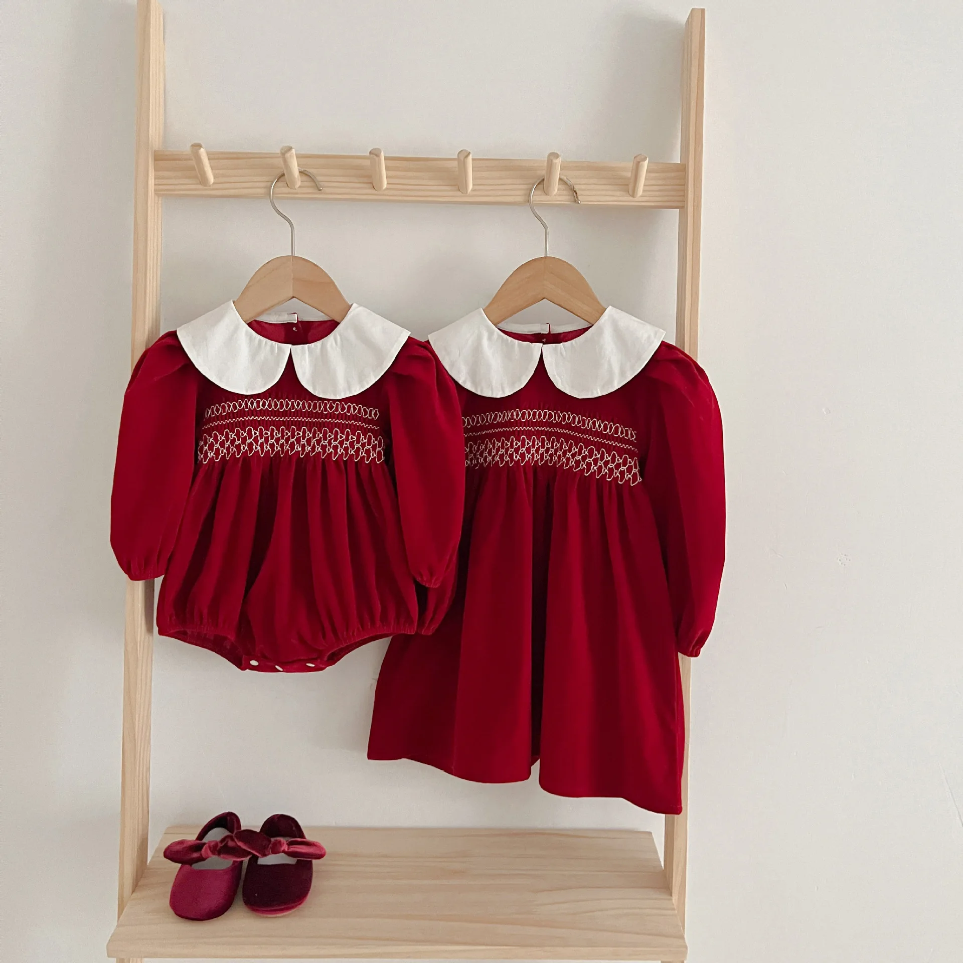 Infant Kids Baby Girls Long Sleeve Sweet Solid Color Sisters Dress Newborn Baby Girls Doll Collar Princess Clothes Rompers