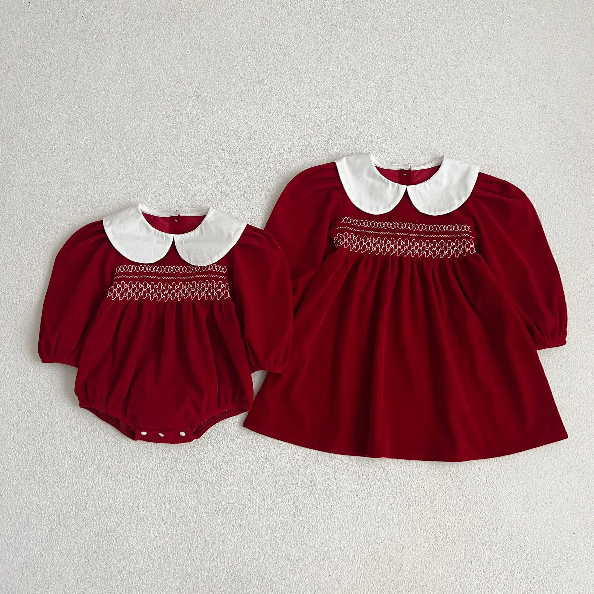 Infant Kids Baby Girls Long Sleeve Sweet Solid Color Sisters Dress Newborn Baby Girls Doll Collar Princess Clothes Rompers