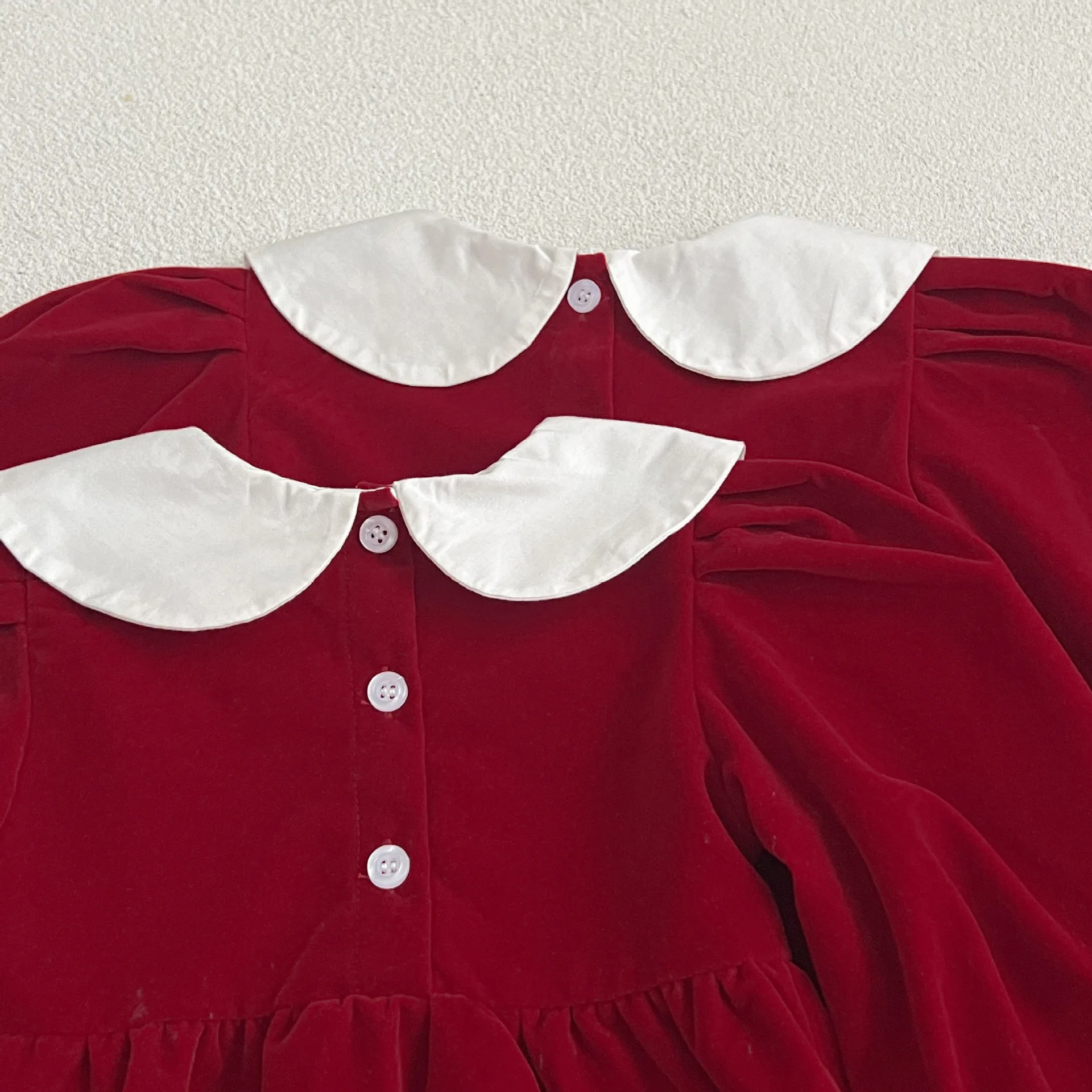 Infant Kids Baby Girls Long Sleeve Sweet Solid Color Sisters Dress Newborn Baby Girls Doll Collar Princess Clothes Rompers