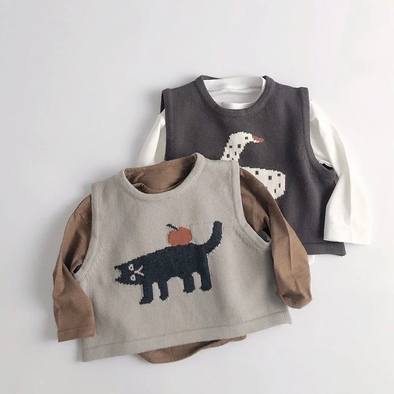 New Children Sleeveless Sweater Cartoon Animals Toddler Kids Cotton Vest Coat Boys Knit Waistcoat Girls Clothes Casual Outerwear