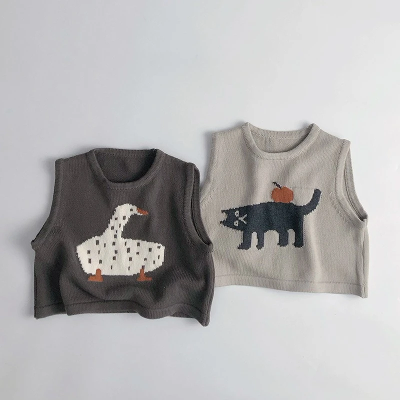 New Children Sleeveless Sweater Cartoon Animals Toddler Kids Cotton Vest Coat Boys Knit Waistcoat Girls Clothes Casual Outerwear