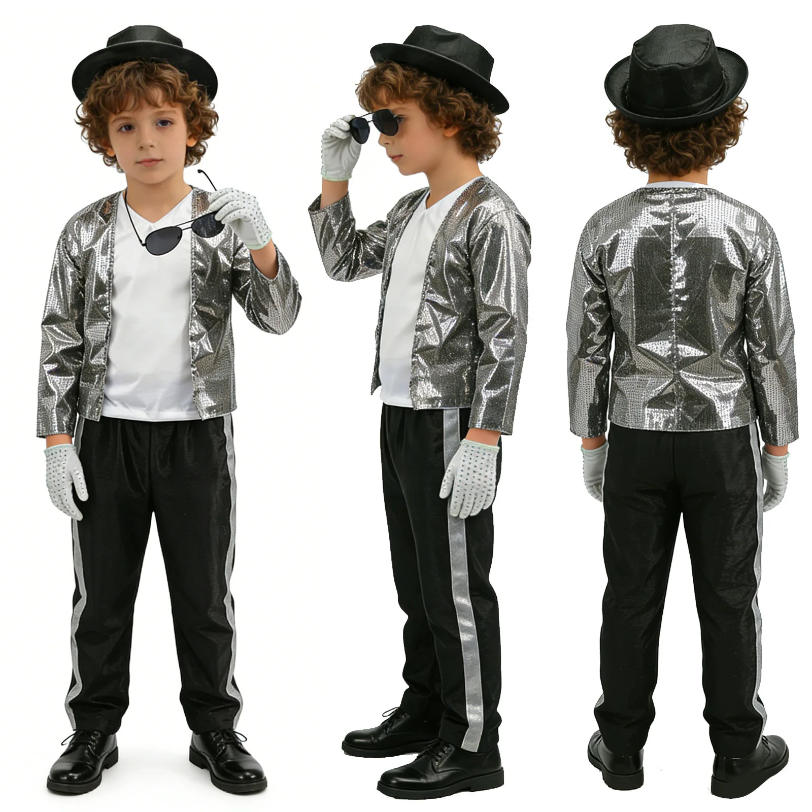 Kids Sequin Dance Costume 6Pcs Singer Performance Outfit Glitter Jacket Pants Hat Gloves Sunglasses Halloween Stage Cosplay Suit