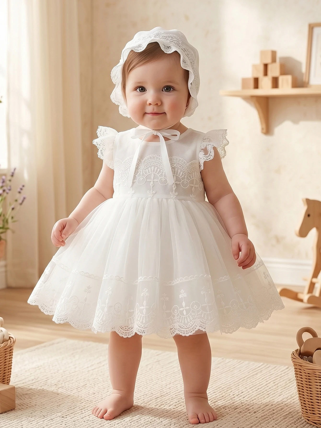 Elegant White Lace Baptism Gown for Infant Girls,Princess-Inspired Formal Attire Suitable for Baptisms,Wedding,Special Occasions