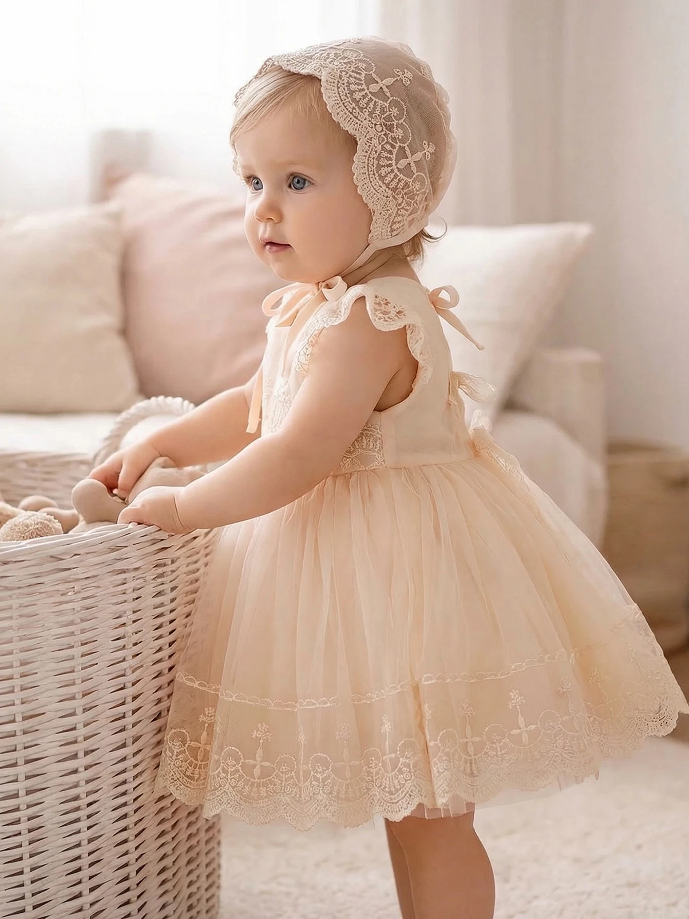 Elegant White Lace Baptism Gown for Infant Girls,Princess-Inspired Formal Attire Suitable for Baptisms,Wedding,Special Occasions