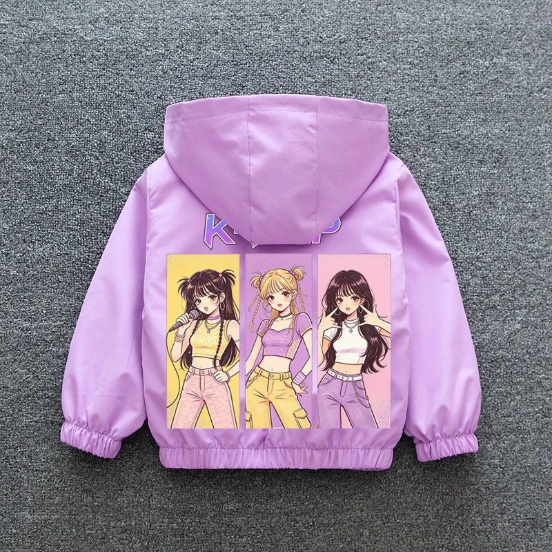 K-pop Idol Print Hooded Jacket for Girls 2026 New Spring Autumn Children Waterproof Windbreaker Coat Kids Daily Casual Outerwear