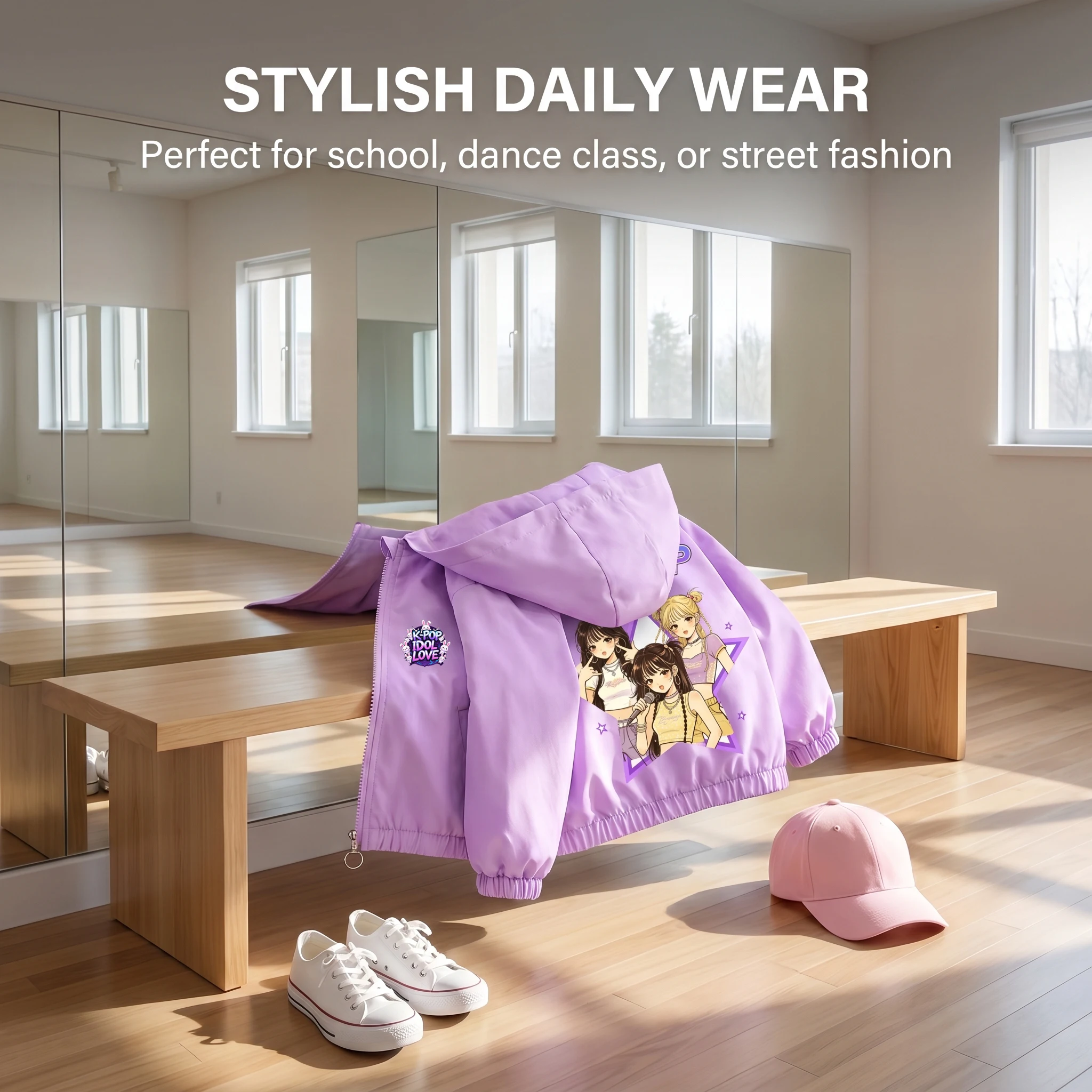 K-pop Idol Print Hooded Jacket for Girls 2026 New Spring Autumn Children Waterproof Windbreaker Coat Kids Daily Casual Outerwear
