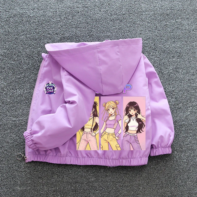K-pop Idol Print Hooded Jacket for Girls 2026 New Spring Autumn Children Waterproof Windbreaker Coat Kids Daily Casual Outerwear