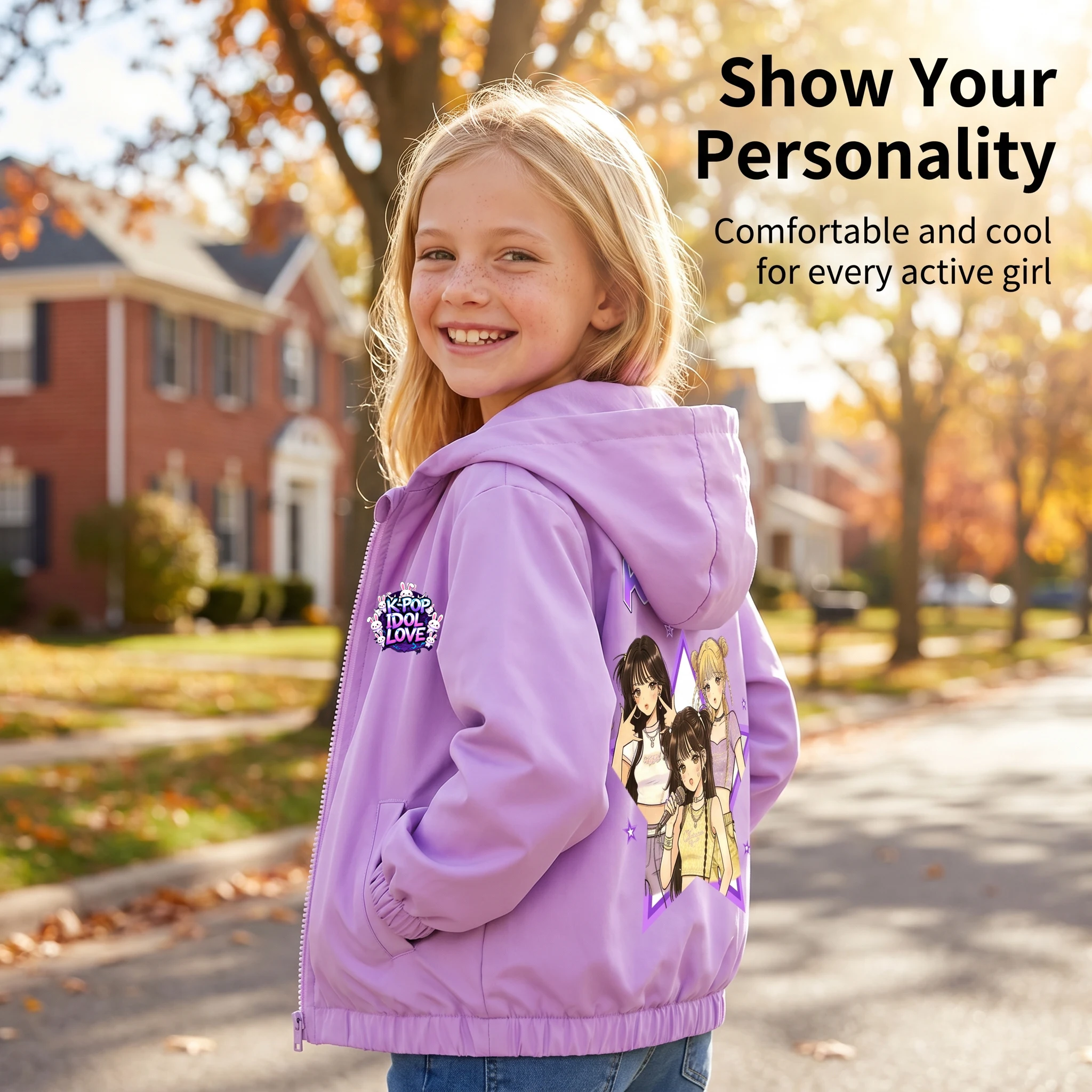 K-pop Idol Print Hooded Jacket for Girls 2026 New Spring Autumn Children Waterproof Windbreaker Coat Kids Daily Casual Outerwear