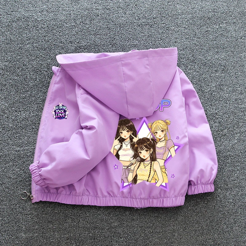 K-pop Idol Print Hooded Jacket for Girls 2026 New Spring Autumn Children Waterproof Windbreaker Coat Kids Daily Casual Outerwear